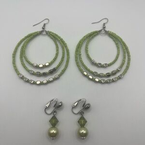 Green and Silver Beaded Hoop Earrings Set